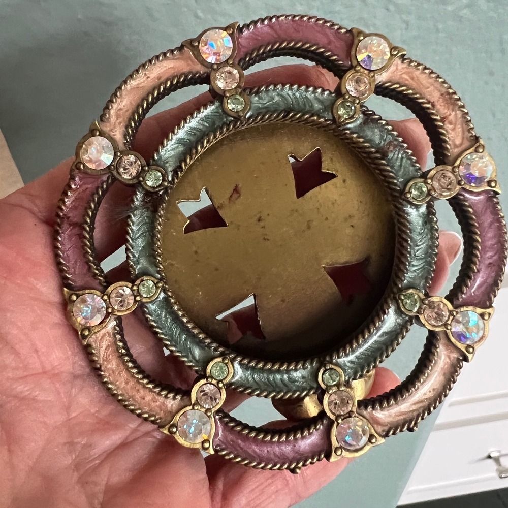Jay Strongwater Mini Round Picture Frame Enamel Swarovski Crystal Pink Teal 3in